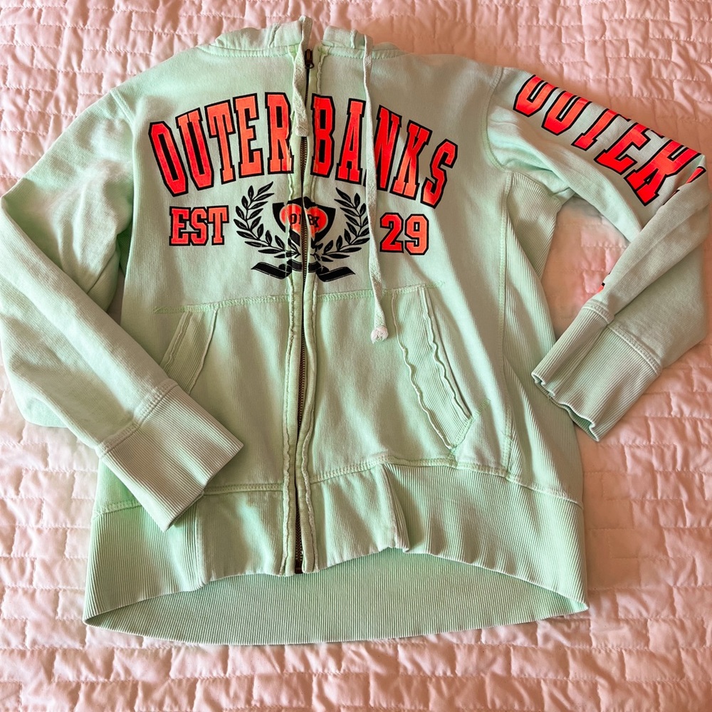 US. Vintage Outer Banks Mint Green Zip Up Hoodie Size Large Kids